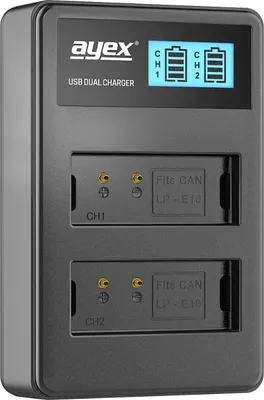 Produktbild von USB Dual Ladegerät für Canon LP-E10 Akkus beleuchtetes Display Ladestandanzeige