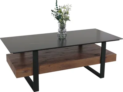 Produktbild von Couchtisch MCW-L88, Wohnzimmertisch Tisch, Ablage Eisen 43x120x60cm Sinterstein Marmor-Optik schwarz Holz dunkelbraun