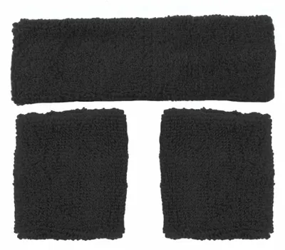 Produktbild von Schwarzes 80er Jahre Schweißbänder Set für Party Verkleidung, Kopfband & 2 Armbänder