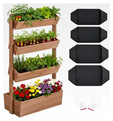 Produktbild von Vertikales Hochbeet mit 4 Ebenen, 84,5×45×140,5 cm, Pflanzbeet mit Entwässerungslöchern und Pflanzvlies, wetterfestes Tannenholz, Gartenbeet für Balkon, Dunkelbraun