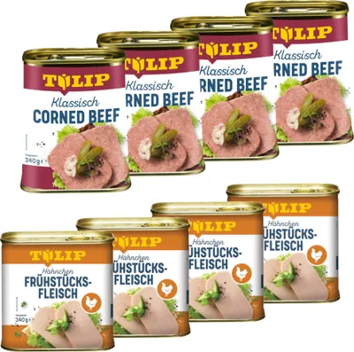 Produktbild von TULIP Bundle Frühstücksfleisch Corned Beef Hähnchen Delikatesse Konserve 8x 340g