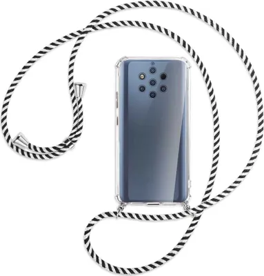 Produktbild von Handykette Backcover-Schutzhülle mit Band (Metall silberfarben) für Nokia 9 PureView - schwarz/weiß gestreift