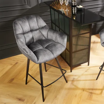 Produktbild von riess-ambiente Drehbarer Barhocker PAPILLON grau Samt 180° Barstuhl Küche mit Lehnen schwarze Metallbeine Barstuhl Tresenstuhl Hocker
