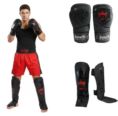 Produktbild von Dragon do Boxen Kickboxen Set Boxhandschuhe 8-16 oz Schienbeinschoner Profi Ausrüstung für Muay Thai MMA Boxsack-Training Sparring Kampfsport (Yakuza 2er-Set: Handschuhe-Schienbeinschoner, 16 Oz)
