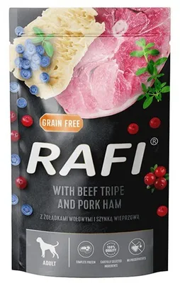 Obrázok produktu pre Rafi Mokré krmivo pre psov Hovädzie žalúdky so šunkou v sáčku 500 G