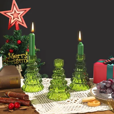 Productafbeelding van Set van 3 Groene Kerstkaarsenhouders in Boomvorm