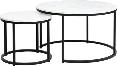 Two nesting coffee tables with white marble tops and black metal frames are displayed on a white background.
