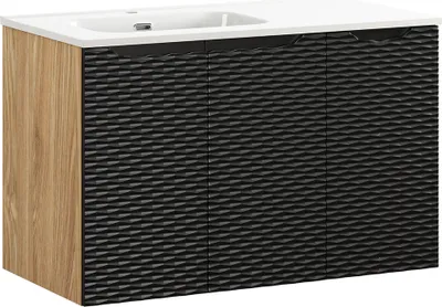 Produktbild von Waschtisch 90cm in Eiche mit schwarz, OLUO-56-BLACK, Front mit 3D-Struktur in Wellenoptik
