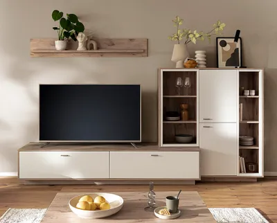 Produktbild von Wohnwand in Eiche und weiß modern mit Wandboard, Lowboard & Highboard, 3-teilig - SAGUNTO-05