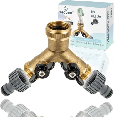Produktbild von tecuro 2-Wege Y-Verteiler 3/4 Zoll mit 2 Absperrhähnen - für Auslaufventile Messing blank