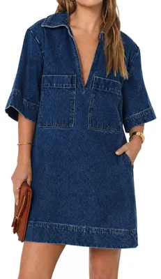 Produktbild von Fisoew Damen-Denim-Hemdkleid, Sommerkleid, V-Ausschnitt, Mini-Jeanskleider mit T