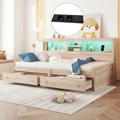 Zdjęcie produktu dla Łóżko dzienne 90 x 200 cm z stelażem z listew w stylu drewnianym – łóżko młodzieżowe z oświetleniem LED, schowkiem i gniazdem USB, kolor naturalny i biały
