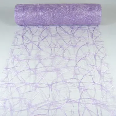 A roll of light purple decorative fabric with a swirling pattern is shown unrolled on a white surface.