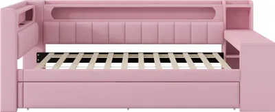 Produktbild von Abrihome Tagesbett Kinderbett 90x200 cm mit Ausziehbett und Schreibtisch, Polster-Schlafsofa mit LED, Rosa