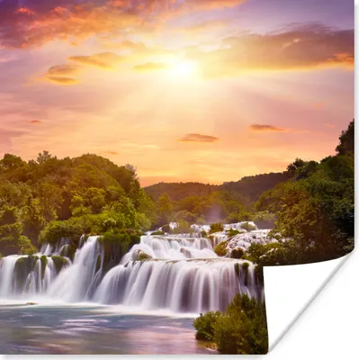 Produktbild von MuchoWow® Poster Wasserfall - Landschaft - Sonne - Wolken - Sonnenuntergang 100x100 cm - Babyzimmer