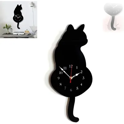 Produktbild von Schwarze Katze Wanduhr mit schwingendem Schwanz, leise Quarzuhr, Katzenliebhaber Geschenk, moderne dekorative Uhr für Wohnzimmer