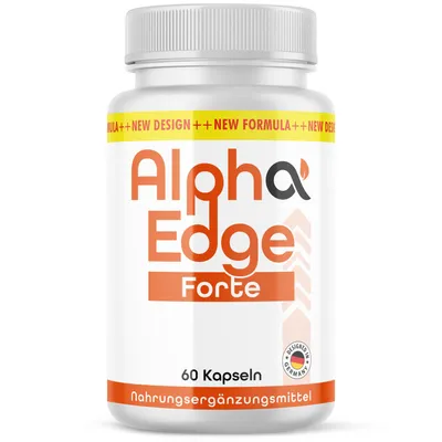 A white bottle of Alpha Edge Forte Kapseln supplements against a white background.