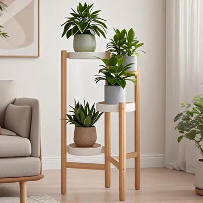 A multi-tiered wooden plant stand with several potted plants is placed in a living room setting next to a sofa.