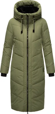 Produktbild von Marikoo Damen Winter Steppjacke Vegan Teddyfell gefüttert Steppmantel Jacke lang warm Mantel Parker Kragen mit Tunnelzug am Kapuze Nadaree XVI Olive Leaf Gr: 34 - XS