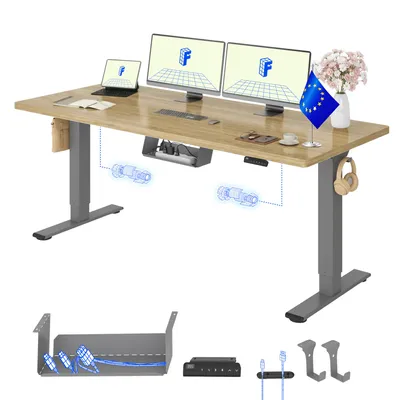 Image de Bureau électrique réglable en hauteur FLEXISPOT E1 Pro 180 x 80 cm (version UE), plateau monobloc de 25 mm, double moteur, capacité de charge de 120 kg, finition chêne naturel