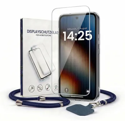 Produktbild von Handyhülle für Xiaomi Redmi Note 15 Pro 5G mit Handykette und 9H Displayglas Displayschutz Band in Blau Kordel Hülle Case Schutzhülle Transparent