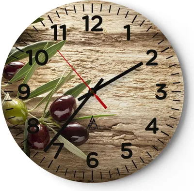 Produktbild von Wanduhr - Rund - Glasuhr - Oliv italien aroma diät - 30x30cm - Schleichendes Uhrwerk - Lautlos - zum Aufhängen bereit - Dekoration Modern - Wanddekoration aus Glas - C4AR30x30-2420