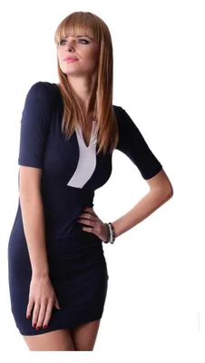 Produktbild von Damen Minikleid mit Kontrast-Ausschnitt – Figurbetontes Stretchkleid aus Viskose Dunkelblau XS/S
