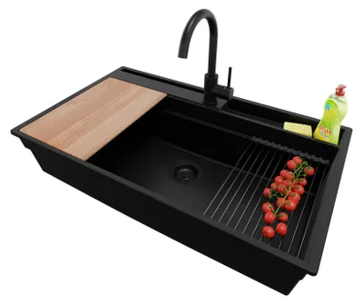 Produktbild von PRIMAGRAN Granitspüle Alles Schwarz 88x53cm, Spülbecken 1 Becken + Ablauf-Set + Küchenzubehörset, Küchenspüle ab 90er Unterschrank - Oslo Pocket