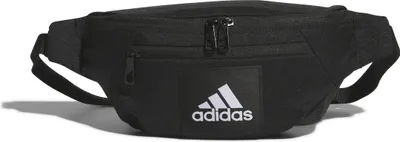 A black Adidas waist bag is shown against a white background.