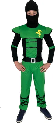 A child wearing a green and black ninja costume.