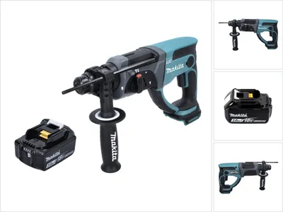A cordless rotary hammer drill and a battery pack are shown against a white background.
