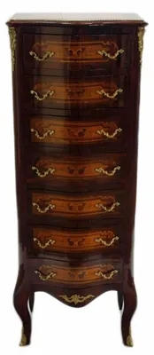 Image de Commode Casa Padrino style baroque, avec 7 tiroirs, en bois de noyer. Design classique, façade droite. Dimensions : largeur 60 cm, profondeur 30 cm, hauteur 115 cm