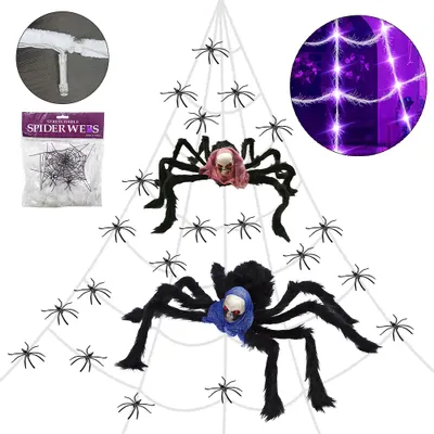 Produktbild von Halloween-Spinne, leuchtende Spinnennetz-Dekoration, 4,8 m langes dreieckiges Spinnennetz, violette Lichter, gruselige Riesenspinne und kleine schwarze Spinnen, 40 g Baumwolle, fuer Zuhause, draussen, Garten, Party, Halloween-Dekor