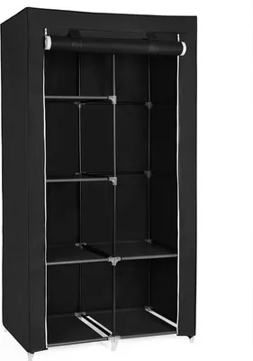 A black fabric wardrobe with metal shelves.