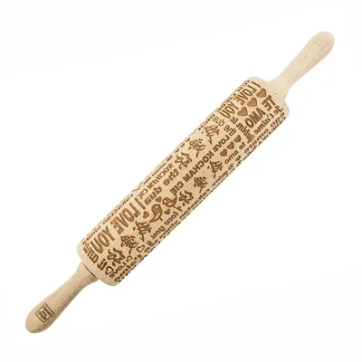 Produktbild von MoodForWood Nudelholz aus Holz, graviert, 43 cm mit Griffen, perfekt zum Backen - Kocham-Muster