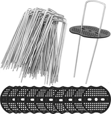 Produktbild von TRANKIELO® - 50 Stück U-förmige, rostbeständige Stahl-Bodennägel - Bodensicherungsspikes mit Pufferring für Gartensicherung