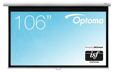 A projection screen with the Optoma logo and size displayed.