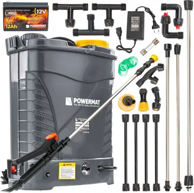 A collection of parts for a Powermat sprayer kit, including the main sprayer unit, battery, charger, and various nozzles and extension rods.