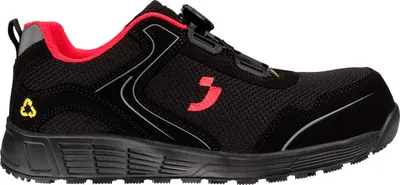 A side view of a black safety shoe with red accents.