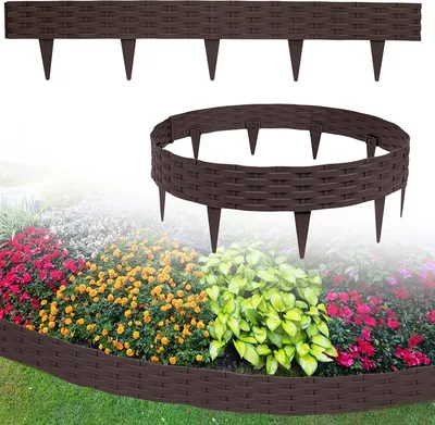 Obrázek produktu pro YARDIN Obruba záhonu kulatá plastová, obruba záhonu Obruba záhonu 10 m Ratanový design Palisády s 10 prvky á 100 cm, hnědá
