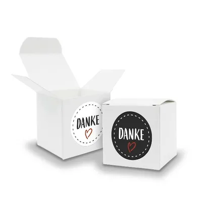Produktbild von SET DANKE (Motiv22) 24x Faltschachtel Würfel 6,5cm weiß + Sticker