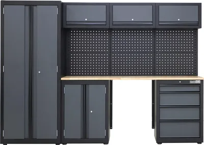 Produktbild von Werkstattwand 13-tlg. modulares Werkstattschranksystem aus Stahl mit Holzarbeitsplatte in Anthrazit