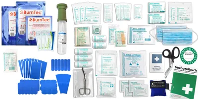 Produktbild von Erste Hilfe SET Gastro (Betriebe) aktuelle DIN/EN 13157 Plus 1 inkl. Augenspülung + Brandwundengele + detektierbare Pflaster + NOTFALLBEATMUNGSHILFE