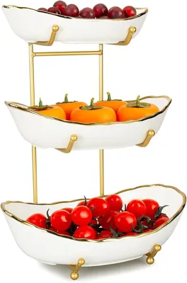 Produktbild von Weiße, dreistöckige Obstschale aus Keramik mit Metallständer, für Snacks/Gemüse/Süßigkeiten