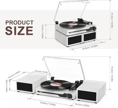 Image de Platine vinyle vintage avec haut-parleurs intégrés et Bluetooth 5.3 - Bois, blanc