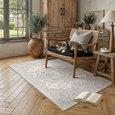 Vintage-Teppich 140x200 cm grau waschbar rutschfest niedriger Flor