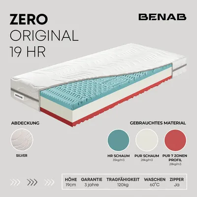 Produktbild von Schaummatratze Benab Zero Original 19 HR Matratze 90 x 195 cm H3 / H4 hart 19 cm hohe Schaummatratzen, Silber, PUR, HR, Knoben, 7 Zonen