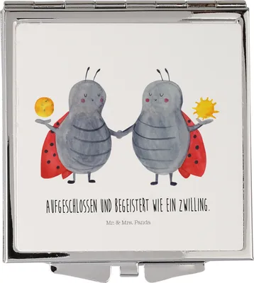 Produktbild von Mr. & Mrs. Panda Schminkspiegel Sternzeichen Zwilling - Weiß - Geschenk, Zwillingsbruder, Quadratischer Spiegel, Kosmetikspiegel, Zwillinge, Kleiner, Frauen, Marienkäfer
