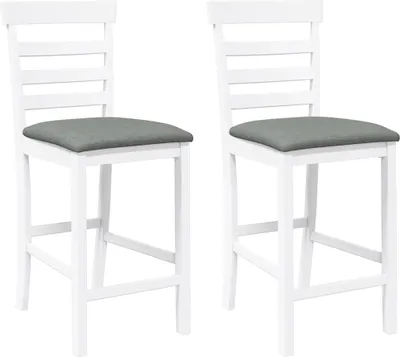 Two white bar stools with gray cushions are shown against a white background.