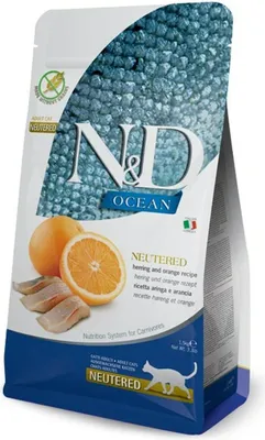 Productafbeelding van N&D OCEAN CAT NEUTERED, volwaardig voer voor volwassen katten die gesteriliseerd/gecastreerd zijn, met haring en sinaasappel, 300g